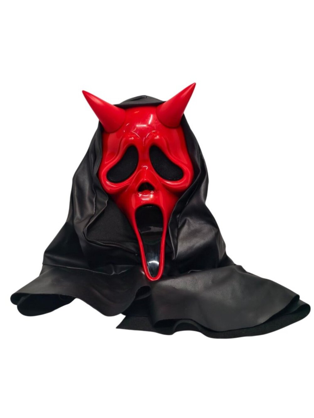 Adult Red Devil Face Mask Ghost Scream Horns Black Hood Halloween Cosplay
